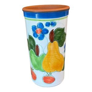 Vtg Italy Utensil Holder Wine Cooler Hand Painted Terracotta Floral Fruit 9.25"